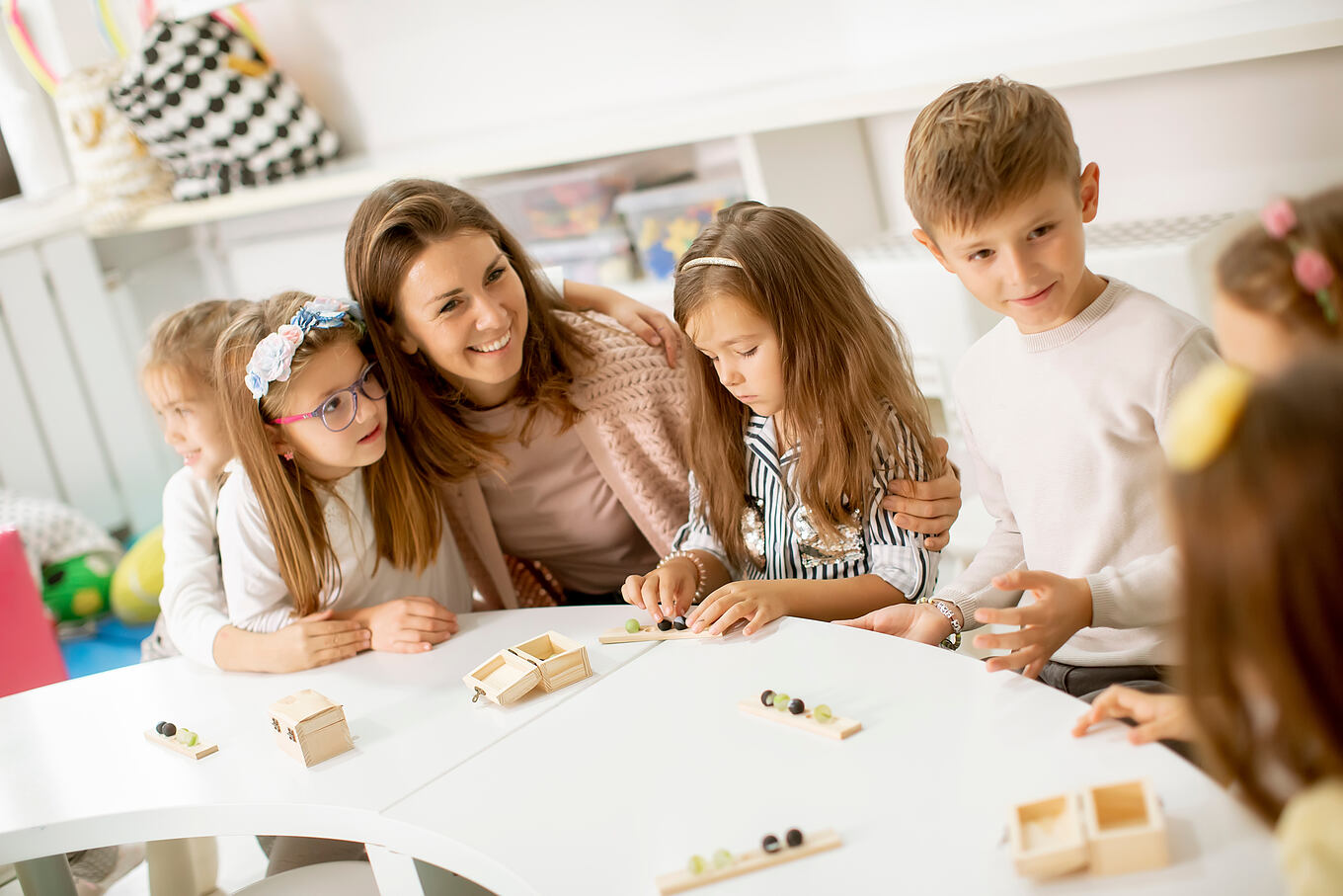 Group,Of,Little,Kids,Playing,With,Preschool,Wooden,Educational,Toys